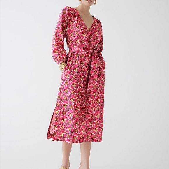 J Crew Tie-waist cotton poplin dress in Ratti® pink blooms print size Large - Picture 1 of 11